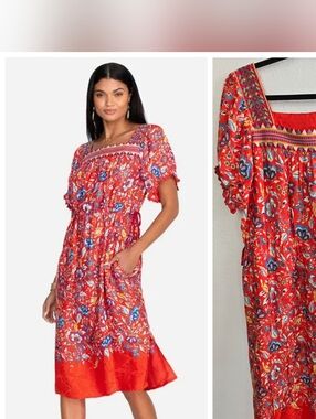 Johnny Was Jasmine‎ Embroidered Square Neck Midi Dress Red Floral Size XL